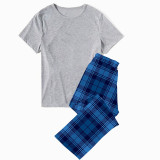 Christmas Matching Family Pajamas Gray Short Sleeve Tops Blue Plaid Pants Personalized Custom Design Christmas Pajamas Set With Dog Cloth