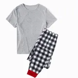 Christmas Matching Family Pajamas Gray Short Sleeve Tops White Black Plaid Pants Personalized Custom Design Christmas Pajamas Set With Dog Cloth