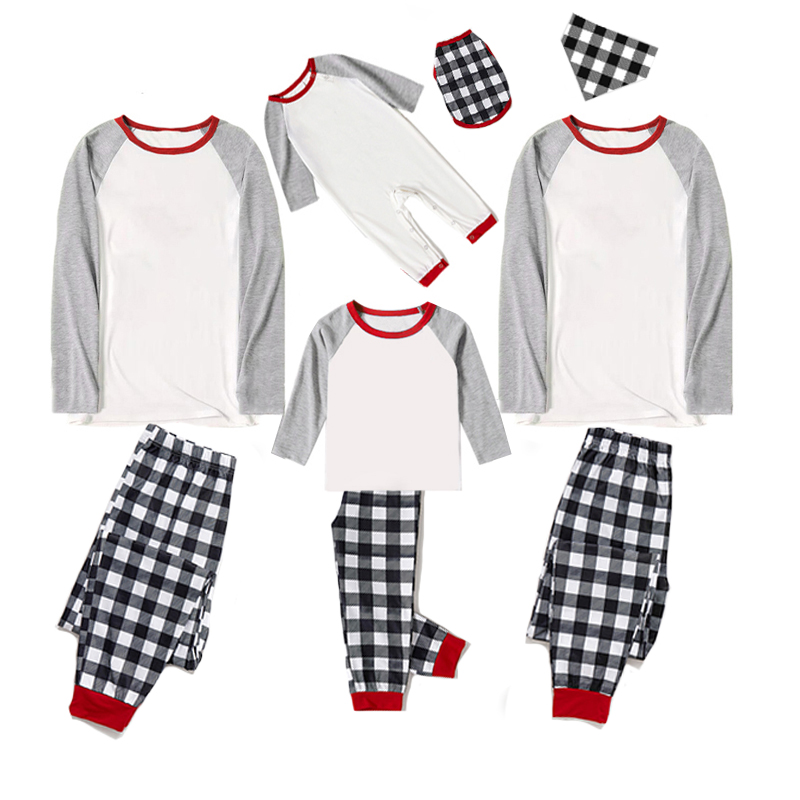 Christmas Matching Family Pajamas Gray White Tops Red Black Plaid Pants Personalized Custom Design Christmas Pajamas Set With Dog Cloth
