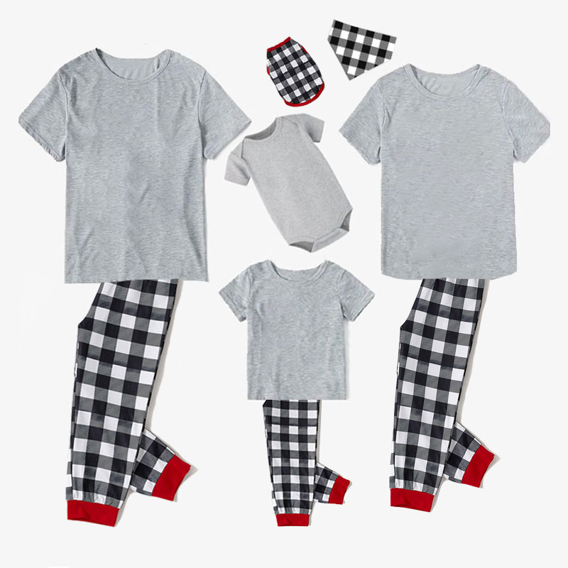 Christmas Matching Family Pajamas Gray Short Sleeve Tops White Black Plaid Pants Personalized Custom Design Christmas Pajamas Set With Dog Cloth