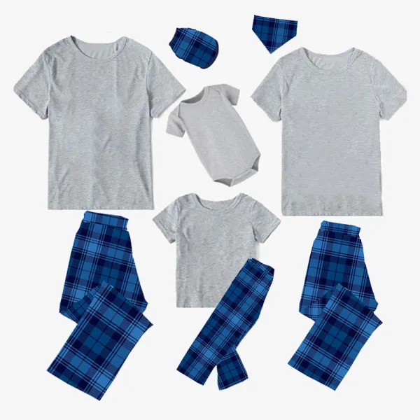Christmas Matching Family Pajamas Gray Short Sleeve Tops Blue Plaid Pants Personalized Custom Design Christmas Pajamas Set With Dog Cloth