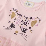 Toddler Girls Short Sleeve Cute Cat Sequin Stars Mesh Tutu Dress