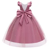Toddler Girls Flying Sleeve Bowknot Belt Sequin Backless Formal Puffy Maxi Dress