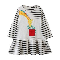 Toddler Girls Long Sleeve Cartoon Giraffe Potted Plants Embroidery A-line Casual Dress