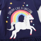 Toddler Girls Short Sleeve Rainbow Unicorn Prints A-line Casual Dress