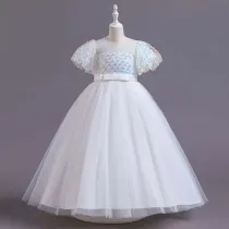 Toddler Girls Flying Sleeve Sequin Bowknot Belt Formal Maxi Puffy Dress