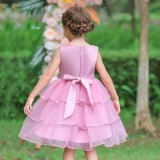 Toddler Girls Sleeveless Embroidery Flower Bowknot Belt Formal Midi Mesh Dress
