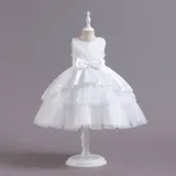 Toddler Girls Sleeveless Flower Embroidery Bowknot Belt Formal Maxi Puffy Dress
