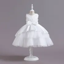 Toddler Girls Sleeveless Flower Embroidery Bowknot Belt Formal Maxi Puffy Dress
