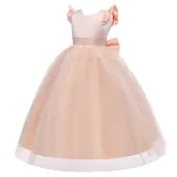 Toddler Girls Flying Sleeve Bowknot Belt Sequin Backless Formal Puffy Maxi Dress