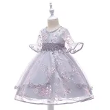 Toddler Girls Short Mesh Sleeve Embroidery Flower Bowknot Belt Formal Midi Dress