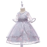 Toddler Girls Short Mesh Sleeve Embroidery Flower Bowknot Belt Formal Midi Dress