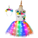Toddler Girls LED Light Up Two Pieces Unicorn Flower Mesh Tutu Dress with Hairband