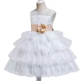 Toddler Girls Sleeveless Flower Belt Lace Hollow Out Formal Midi Dress