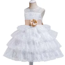 Toddler Girls Sleeveless Flower Belt Lace Hollow Out Formal Midi Dress