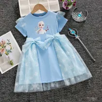 Toddler Girls Short Sleeve Mesh Bowknots Sequin Snowflakes Tutu Princess Dress