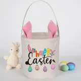 Easter Bunny Ears Canvas Bag Happy Easter Happy Easter Eggs Round Bottom Handbag