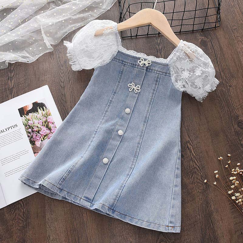 Toddler Girls Short Lace Sleeves A-line Casual Denim Dress