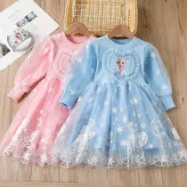 Toddler Girls Long Sleeve Princess Knitting Mesh Sequin Snowflakes Tutu Dress
