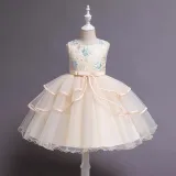 Toddler Girls Sleeveless Embroidery Flower Bowknot Belt Formal Midi Mesh Dress