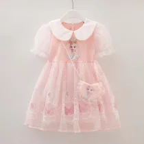 Toddler Girls Mesh Puffy Sleeve Round Neck Princess Mesh Tutu Princess Dress with Bags