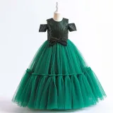 Toddler Girls Off Shulder Sequin Bowknot Belt Formal Maxi Puffy Dress