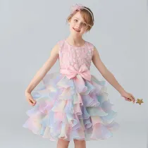 Toddler Girls Sleeveless Flower Bowknot Belt Formal Gowns Midi Cake Dress