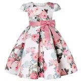 Toddler Girls Flying Sleeve Retro Flower Bowknot Belt Formal Maxi Dress