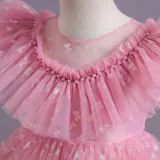 Toddler Girls Sleeveless Lace Collar Butterfly Mesh Bowknot Belt Formal Fishtail Midi Dress