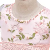 Toddler Girls Short Mesh Sleeve Embroidery Flower Bowknot Belt Formal Midi Dress
