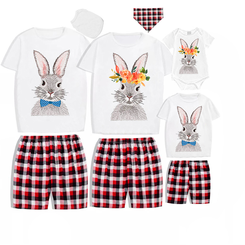 Matching Easter Family Pajamas Happy Easter Tie Flower Bunny White Pajamas Set