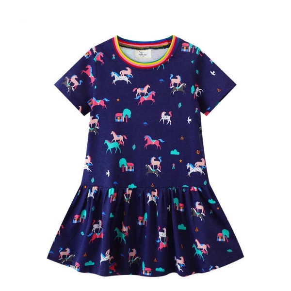 Toddler Girls Short Sleeve Cartoon Animals Pony Horse Prints A-line Casual Dress