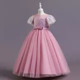Toddler Girls Flying Sleeve Sequin Bowknot Belt Formal Maxi Puffy Dress