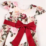 Toddler Girls Flying Sleeve Retro Flower Bowknot Belt Formal Maxi Dress