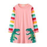 Toddler Girls Long Stripes Sleeve Dinosaurs Animals Prints A-line Casual Dress