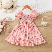 Toddler Girls Short Sleeve Folding Prints Floral A-line Casual Dress