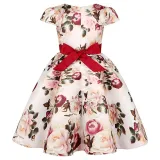 Toddler Girls Flying Sleeve Retro Flower Bowknot Belt Formal Maxi Dress
