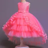 Toddler Girls Sleeveless Pearls Embroidery Butterfly Bowknot Belt Formal Maxi Fishtail Dress