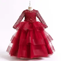 Toddler Girls Lace Hollow Out Long Sleeve Embroidery Formal Maxi Gowns Dress