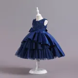 Toddler Girls Sleeveless Flower Embroidery Bowknot Belt Formal Maxi Puffy Dress