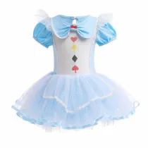 Toddler Girls Puffy Sleeves Blue Poker Prints Mesh Tutu Princess Dress