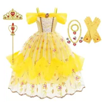 Toddler Girls Yellow One-shoulder Embroidery Flower Mesh Costumes Princess Dress with Jewellery Set