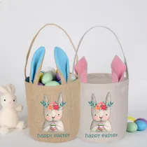 Easter Bunny Ears Canvas Bag Happy Easter Happy Easter Flower Bunny Egg Round Bottom Handbag