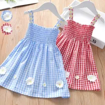 Toddler Girls Sling Plaid Daisy Prints A-line Casual Dress