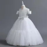 Toddler Girls Off Shulder Sequin Bowknot Belt Formal Maxi Puffy Dress
