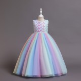 Toddler Girls Sleeveless Colorful Butterfly Pearl Belt Formal Maxi Puffy Dress