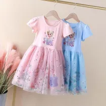Toddler Girls Short Sleeve Princess Mesh Sequin Flower Prints Tutu Dress