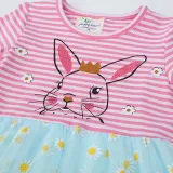 Toddler Girls Long Sleeve Striped Cartoon Bunny Rabbit Prints A-line Casual Mesh Dress