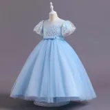 Toddler Girls Flying Sleeve Sequin Bowknot Belt Formal Maxi Puffy Dress