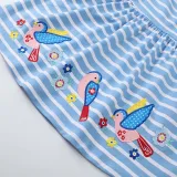 Toddler Girls Short Sleeve Blue Stripes Cartoon Bird Embroidery A-line Casual Dress